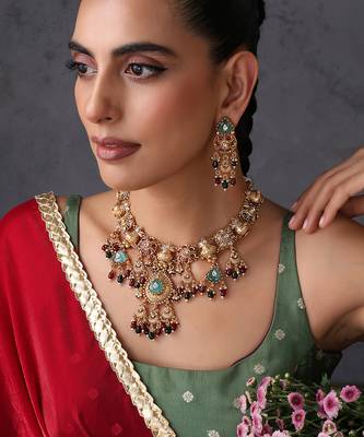 Gold plated multicolor temple motif necklace set 5