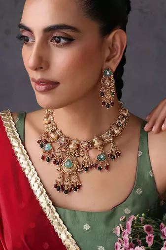 Gold plated multicolor temple motif necklace set