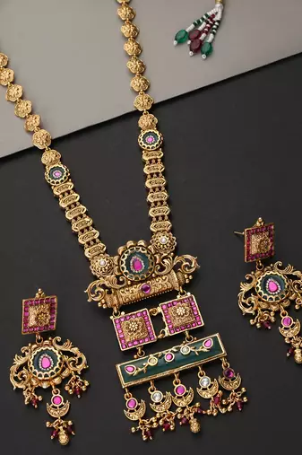 Gold plated multicolor temple mofit pendant necklace set
