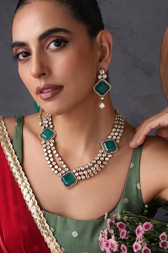 Emerald green polki layered necklace set