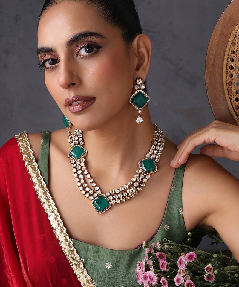 Emerald green polki layered necklace set