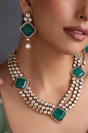 Emerald green polki layered necklace set