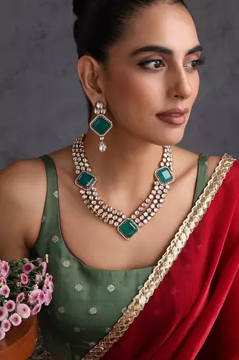 Emerald green polki layered necklace set