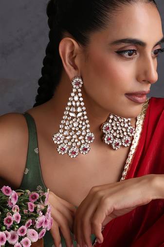 Gold plated red polki dangler earrings