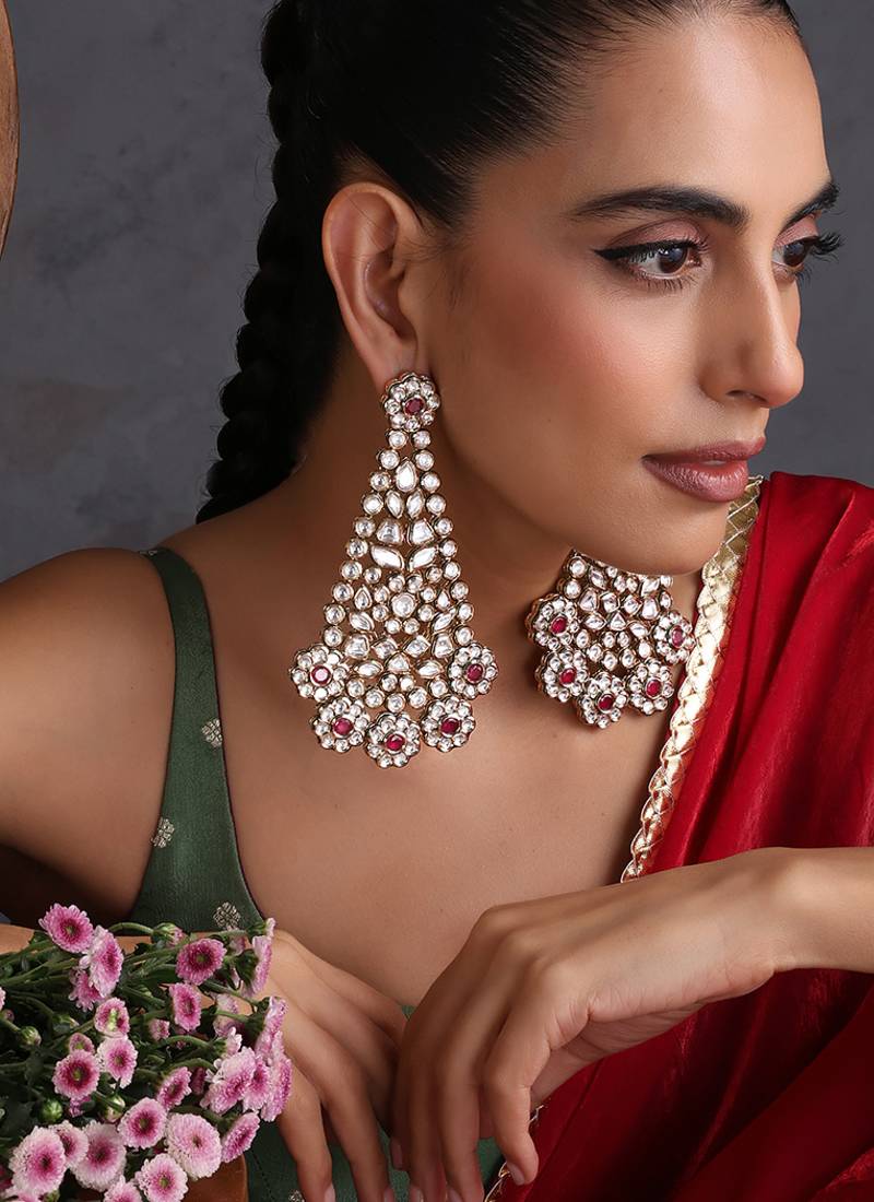Gold plated red polki dangler earrings