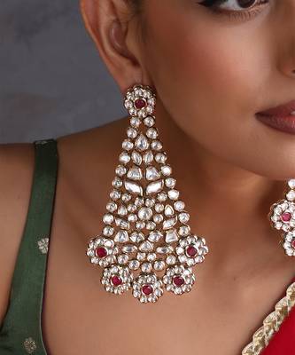 Gold plated red polki dangler earrings 3