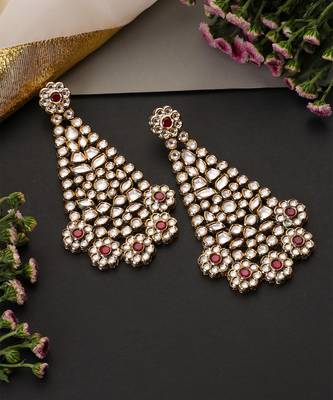 Gold plated red polki dangler earrings 4