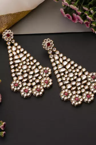Gold plated red polki dangler earrings