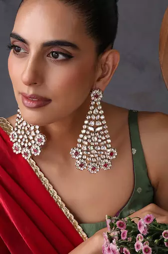 Gold plated red polki dangler earrings
