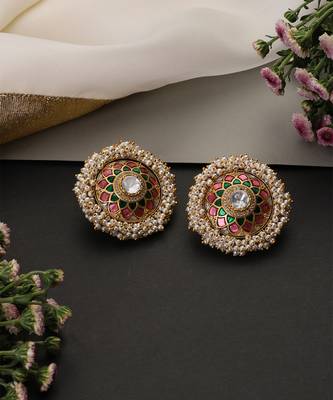 Gold plated multicolor polki stud earrings 2