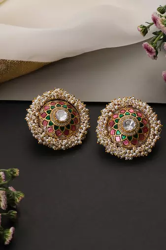 Gold plated multicolor polki stud earrings