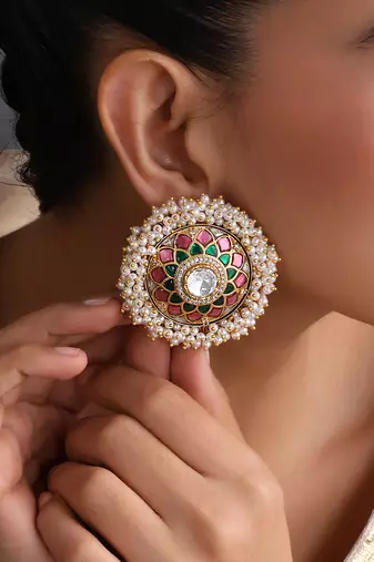 Gold plated multicolor polki stud earrings