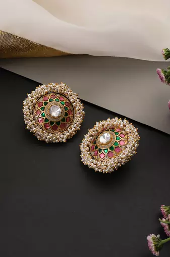 Gold plated multicolor polki stud earrings