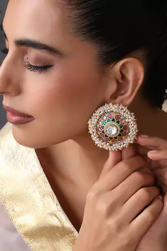 Gold plated multicolor polki stud earrings