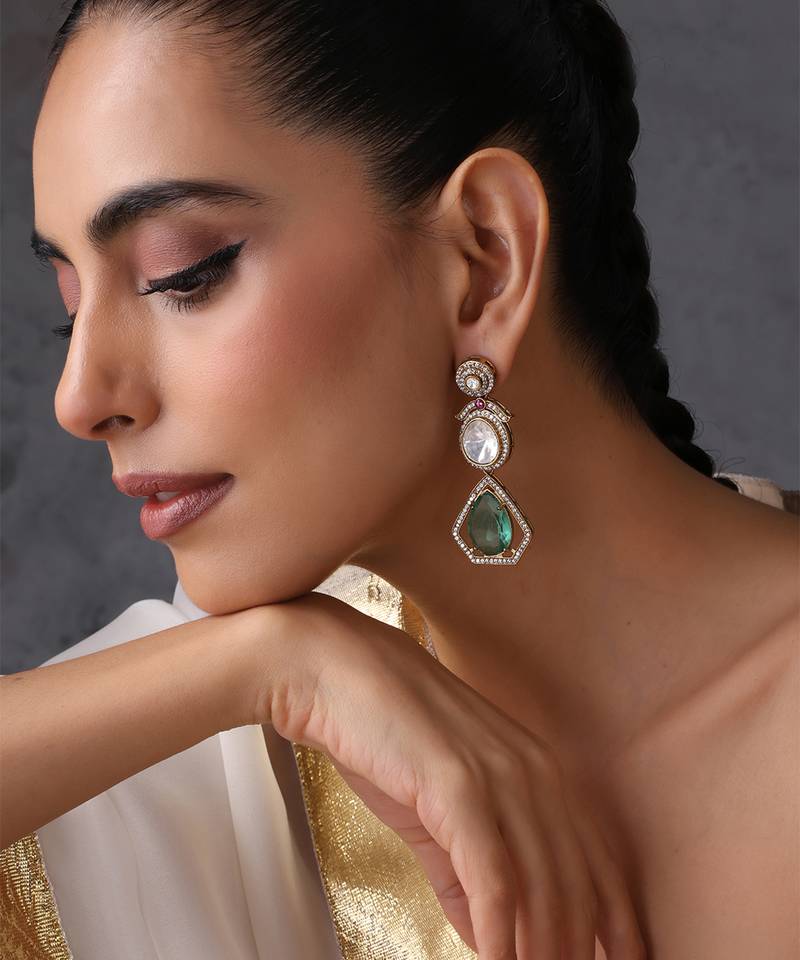 Emerald green polki dangler earrings