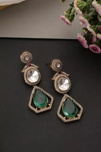 Emerald green polki dangler earrings