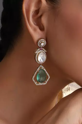 Emerald green polki dangler earrings