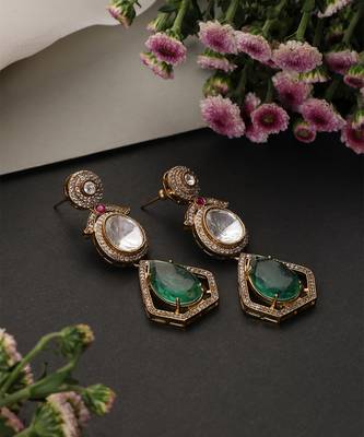 Emerald green polki dangler earrings 4