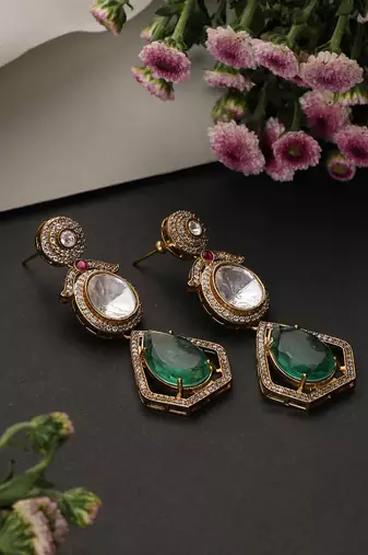 Emerald green polki dangler earrings