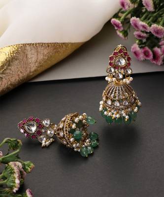 Gold plated multicolor polki jhumka earrings 2