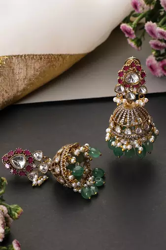 Gold plated multicolor polki jhumka earrings