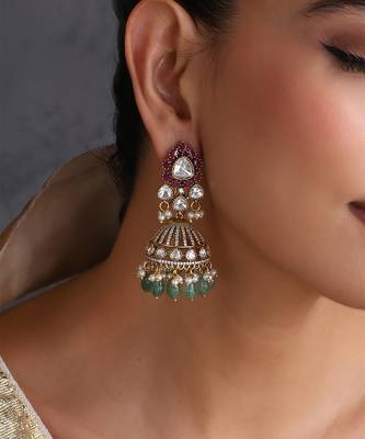 Gold plated multicolor polki jhumka earrings 3
