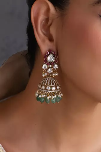 Gold plated multicolor polki jhumka earrings