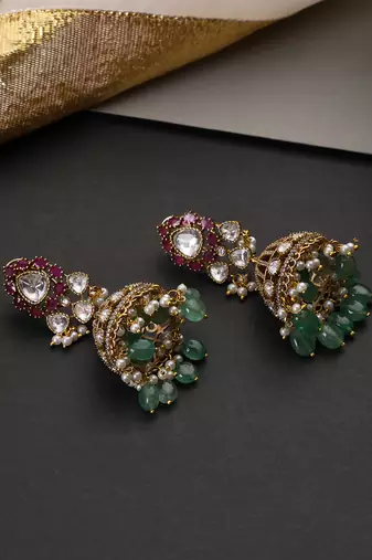 Gold plated multicolor polki jhumka earrings