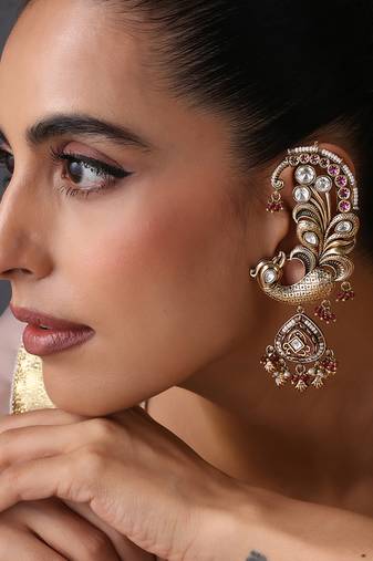 Gold plated ruby red polki ear cuffs