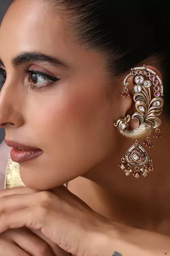 Gold plated ruby red polki ear cuffs