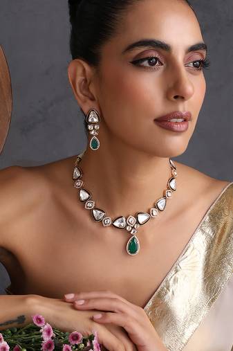 Gold plated emerald green polki necklace set