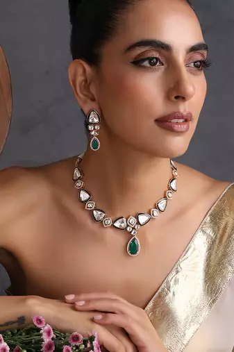 Gold plated emerald green polki necklace set