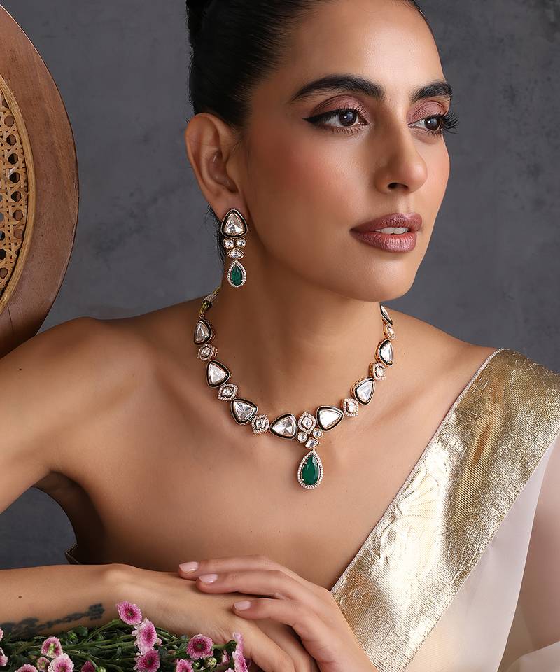 Gold plated emerald green polki necklace set