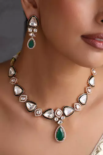 Gold plated emerald green polki necklace set