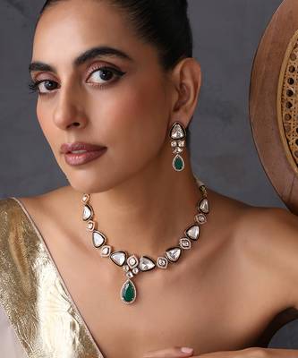 Gold plated emerald green polki necklace set 5