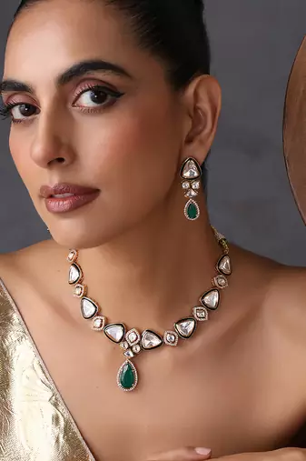 Gold plated emerald green polki necklace set