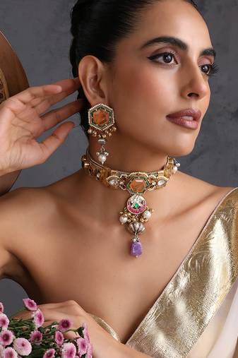 Gold plated multicolor polki choker set