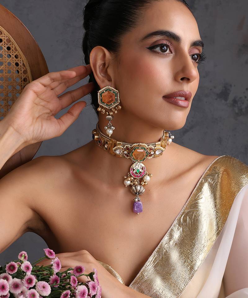 Gold plated multicolor polki choker set