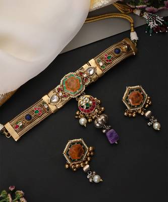Gold plated multicolor polki choker set 2