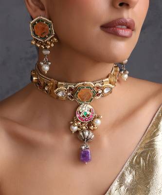 Gold plated multicolor polki choker set 3