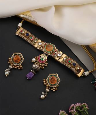 Gold plated multicolor polki choker set 4