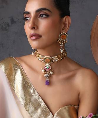 Gold plated multicolor polki choker set 5