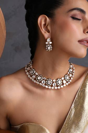Gold plated green polki necklace set