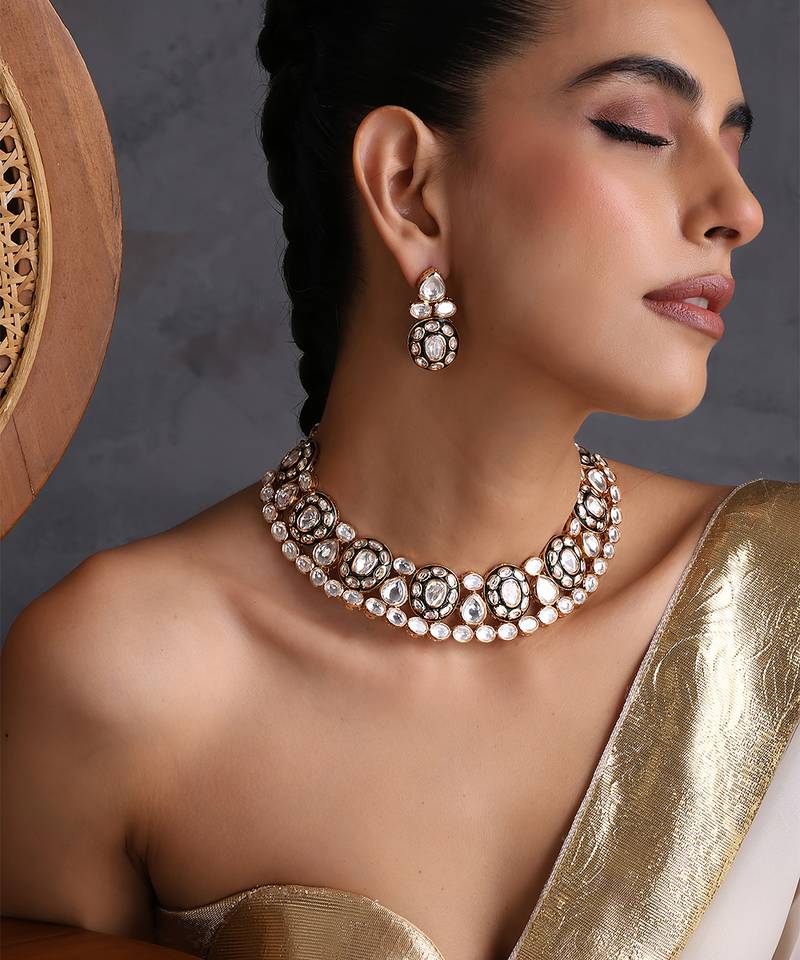 Gold plated green polki necklace set