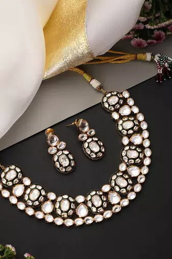 Gold plated green polki necklace set