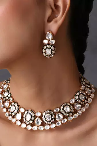Gold plated green polki necklace set