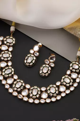 Gold plated green polki necklace set