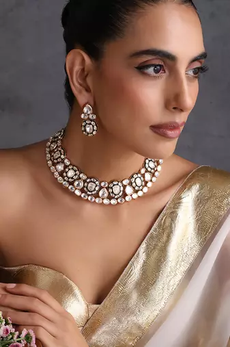 Gold plated green polki necklace set