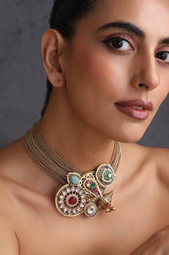 Gold plated multicolor polki choker set