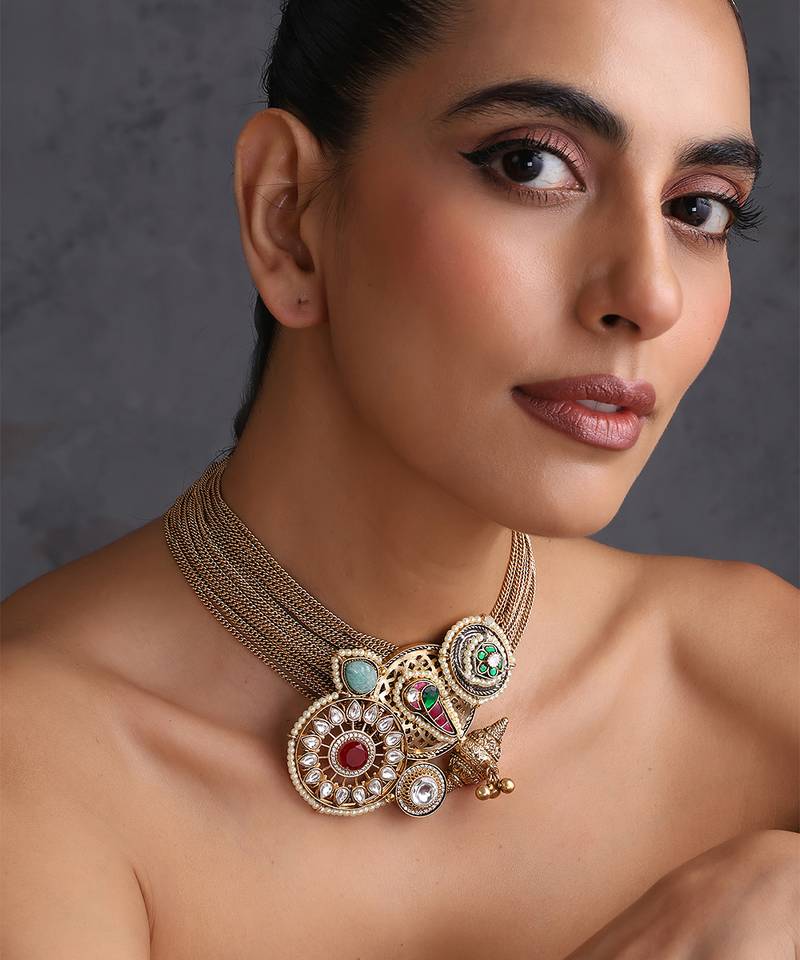 Gold plated multicolor polki choker set